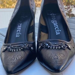 Pedro Garcia Black Leather Swarovski Crystal Skull Heels